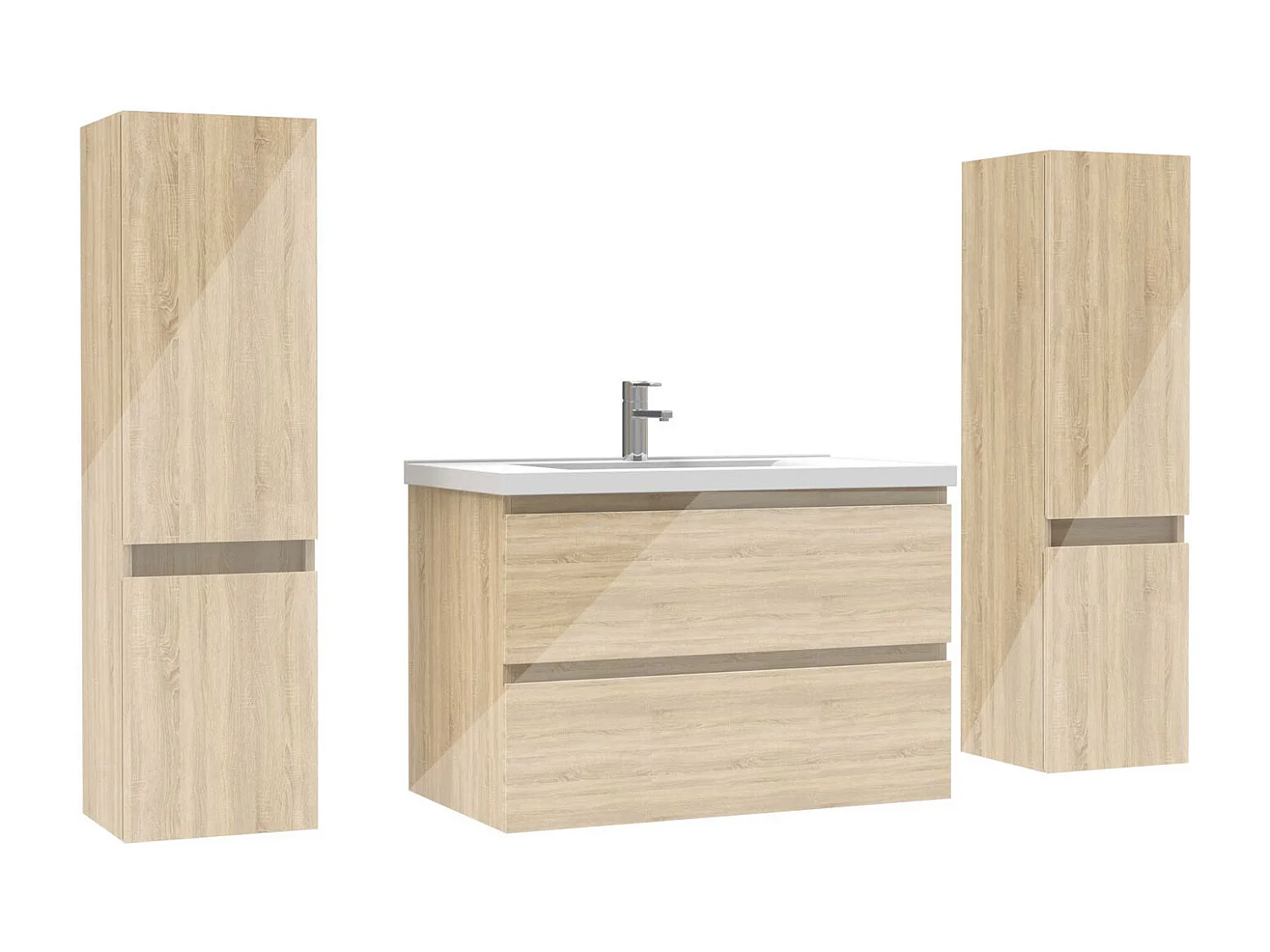 Ensemble meuble salle de bain 80 cm chêne brillant avec 2 tiroirs à fermeture automatique, lavabo céramique simple + 2 colonnes, suspendu