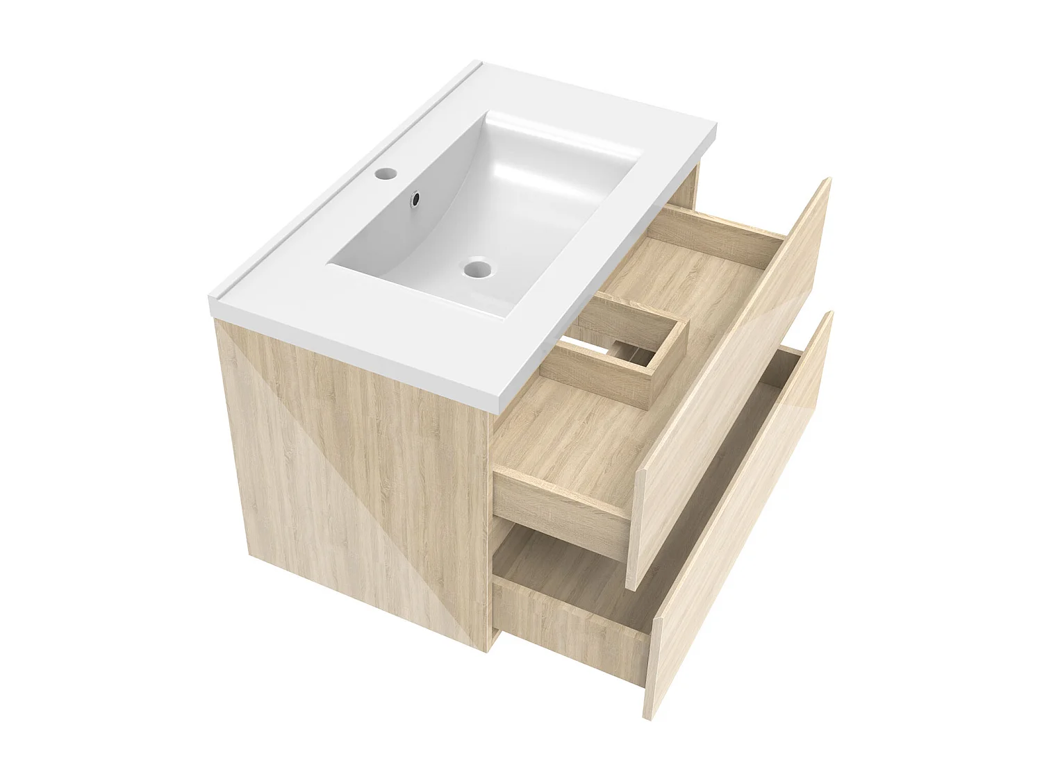 Ensemble meuble salle de bain 80 cm chêne brillant avec 2 tiroirs à fermeture automatique, lavabo céramique simple + 2 colonnes, suspendu