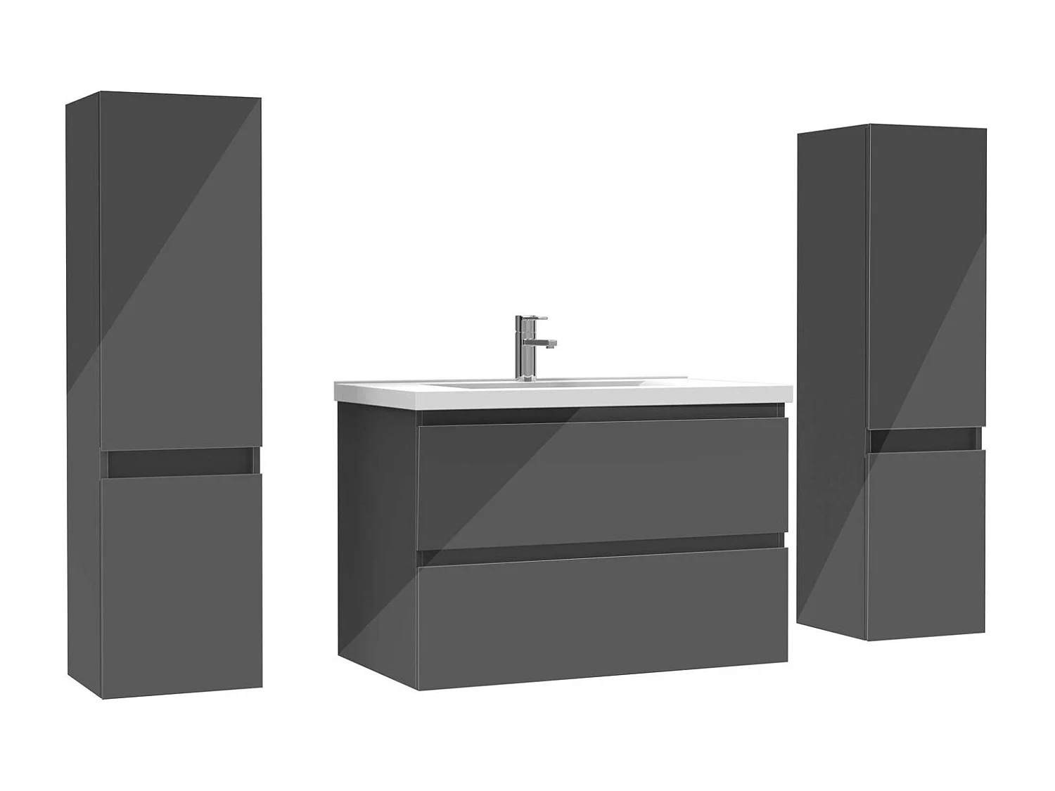 Ensemble meuble salle de bain 80 cm anthracite brillant avec 2 tiroirs à fermeture automatique, lavabo céramique simple + 2 colonnes, suspendu