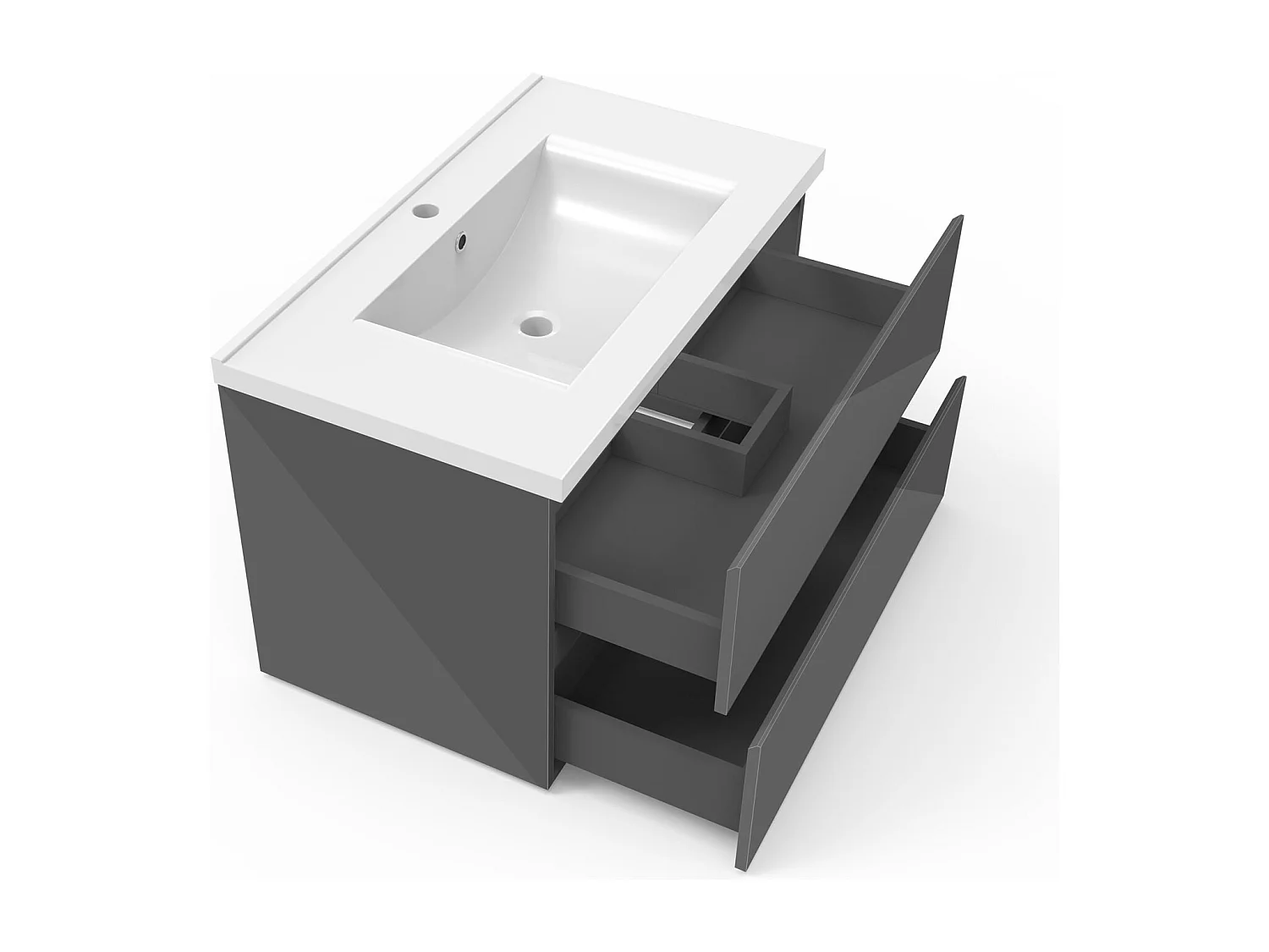 Ensemble meuble salle de bain 80 cm anthracite brillant avec 2 tiroirs à fermeture automatique, lavabo céramique simple + 2 colonnes, suspendu