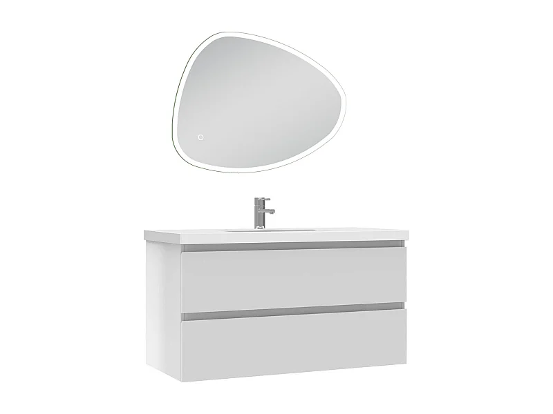Meuble de salle de bain avec lavabo, 100cm, 2 tiroirs avec fermeture amortie + miroir led Asymétrique avec antibuée 80x65cm, meuble suspendu blanc