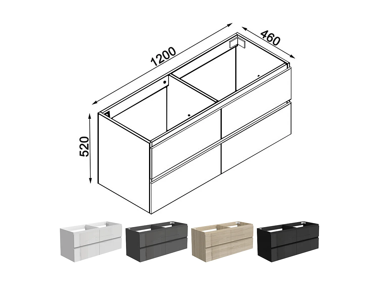 Meuble de Salle de Bain Brillant 120cm avec 4 tiroirs, Meuble sans vasque, Noir