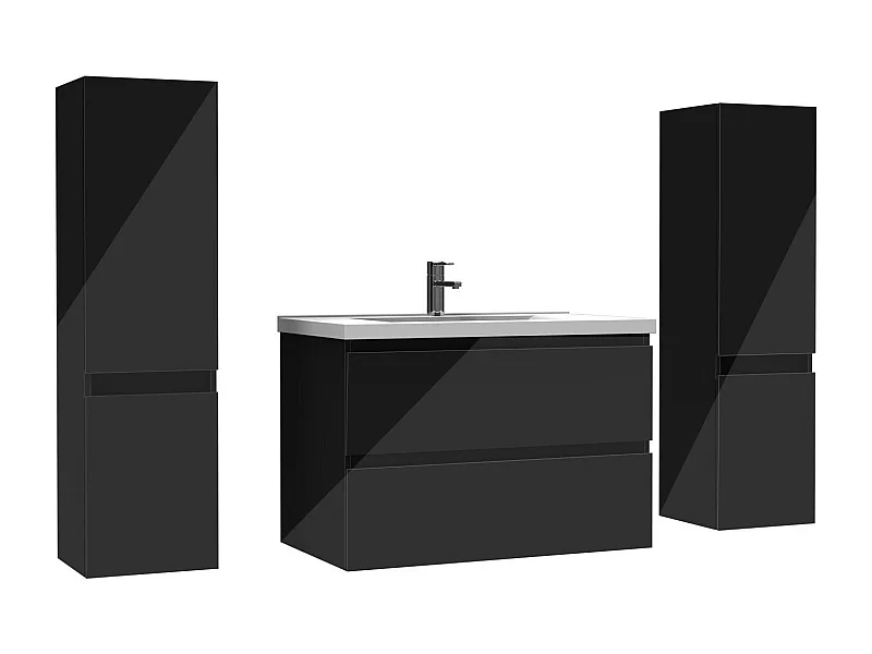 Ensemble meuble salle de bain 80 cm noir brillant avec 2 tiroirs à fermeture automatique, lavabo céramique simple + 2 colonnes, suspendu
