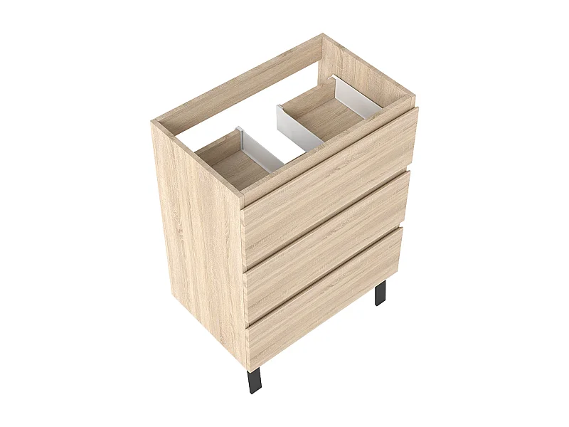 Meuble de Salle de Bain 60cm avec 3 tiroirs + 2 Pieds, Meuble sans vasque, Chêne