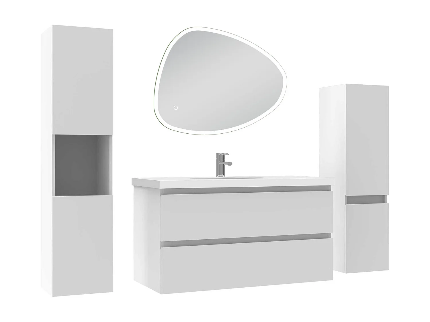 Ensemble meuble blanc et vasque L.100cm 2 tiroirs + colonne haute x 2 + miroir antibuée Asymétrique à led 80x65cm-suspendu