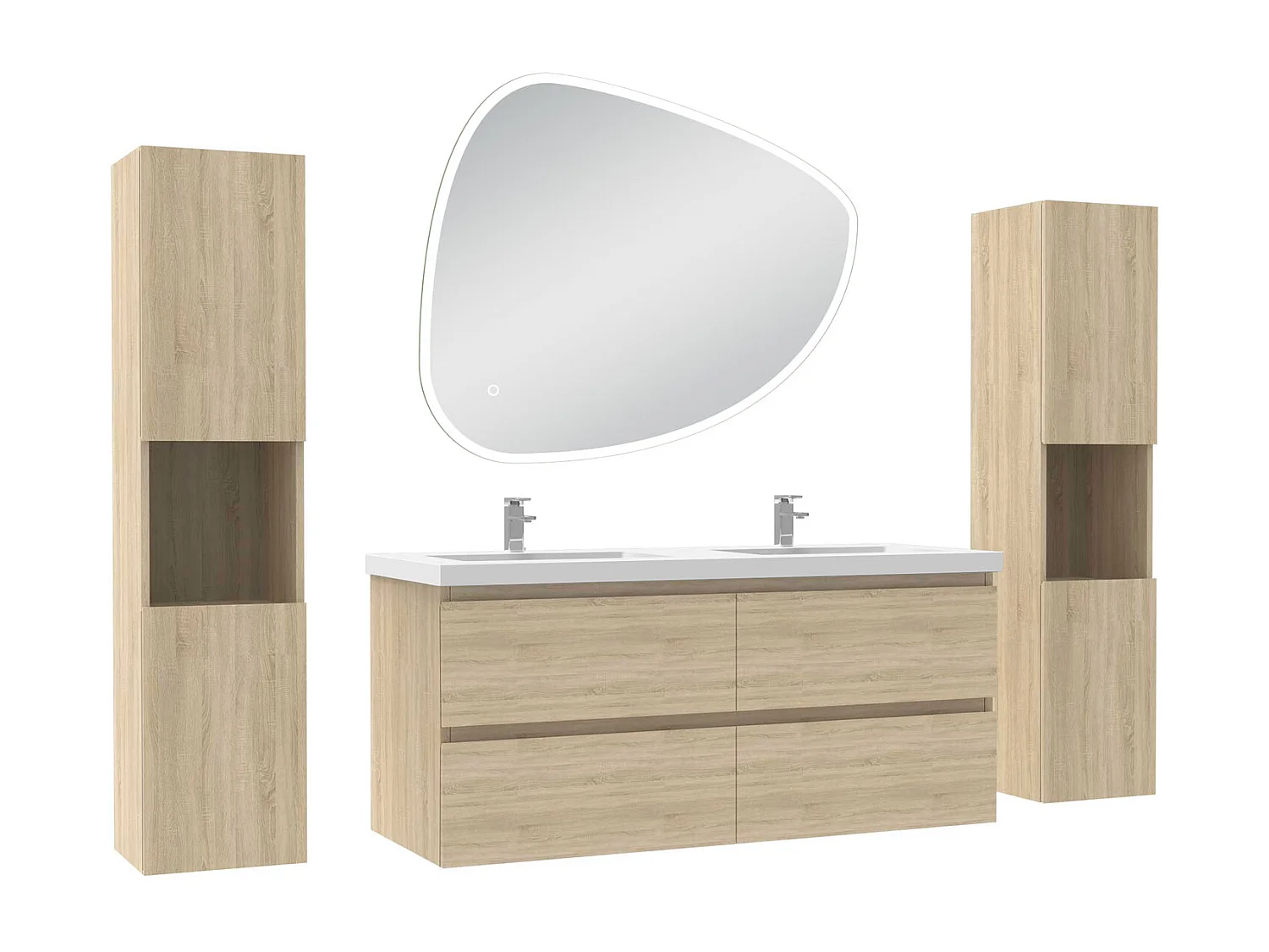 Ensemble meuble chêne et vasque L.120cm 4 tiroirs + colonne x 2 haute + miroir antibuée Asymétrique à led 100x80cm-suspendu