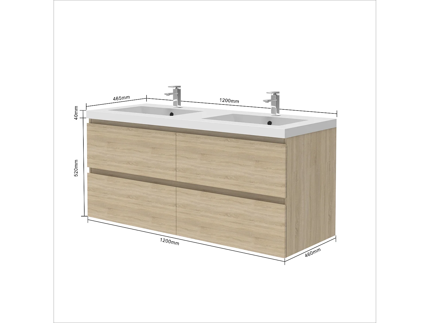 Ensemble meuble chêne et vasque L.120cm 4 tiroirs + colonne x 2 haute + miroir antibuée Asymétrique à led 100x80cm-suspendu