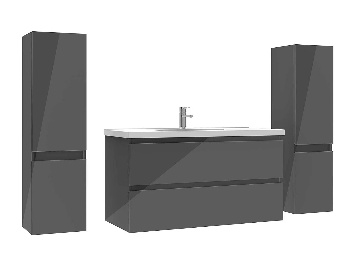 Ensemble meuble salle de bain 100 cm anthracite brillant avec 2 tiroirs à fermeture automatique, lavabo céramique simple + 2 colonnes, suspendu