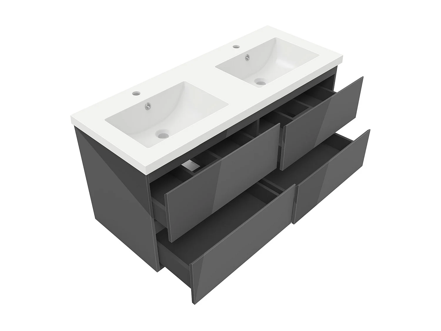 Meuble salle de bain 120cm anthracite brillant avec 4 tiroirs à fermeture automatique et double lavabo