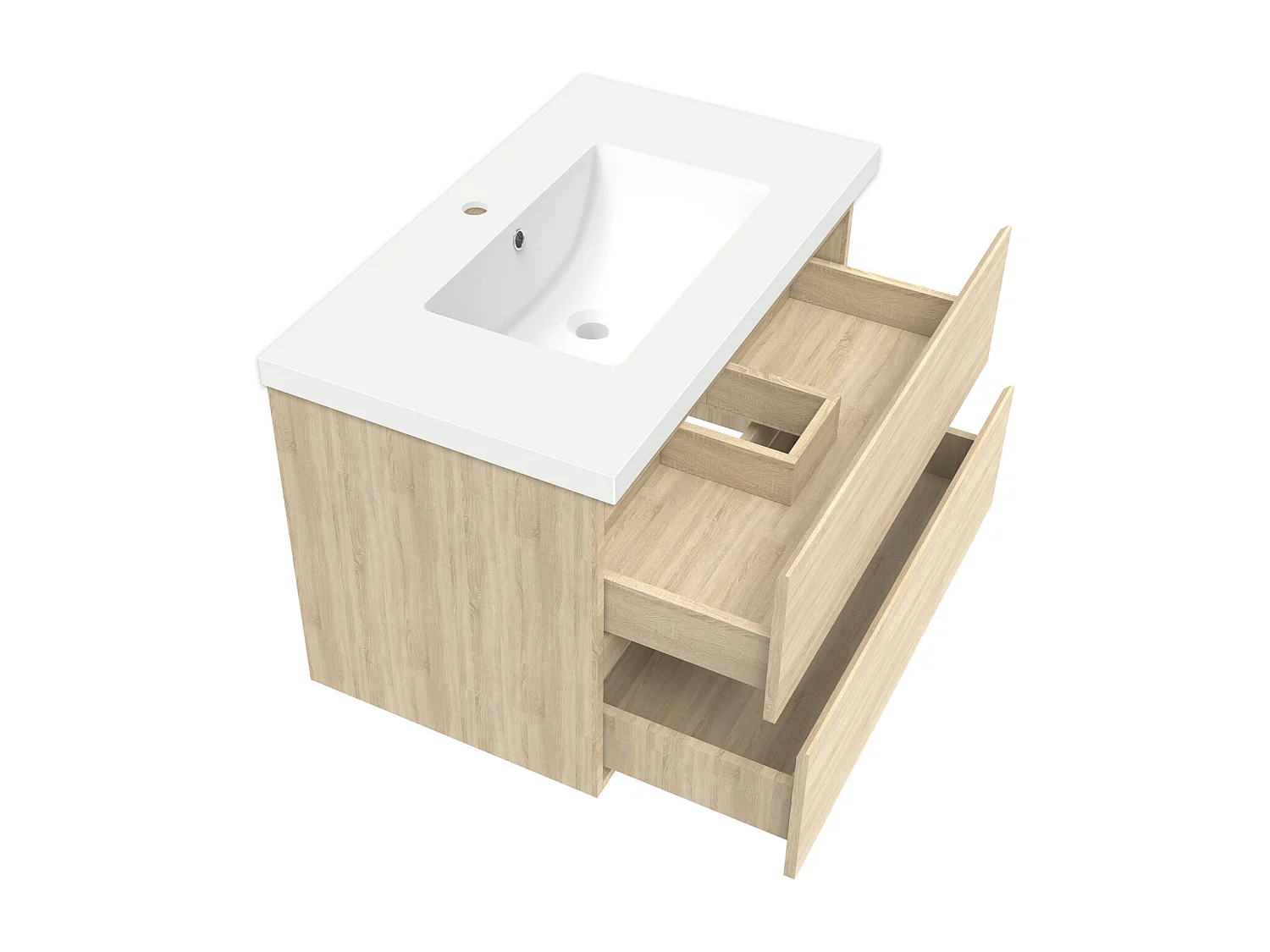 Ensemble meuble chêne et vasque L.80cm 2 tiroirs + colonne haute + colonne basse + miroir antibuée Asymétrique à led 80x55cm-suspendu