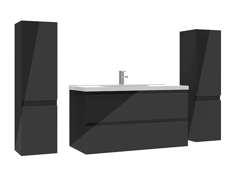 Ensemble meuble salle de bain 100 cm noir brillant avec 2 tiroirs à fermeture automatique, lavabo céramique simple + 2 colonnes, suspendu