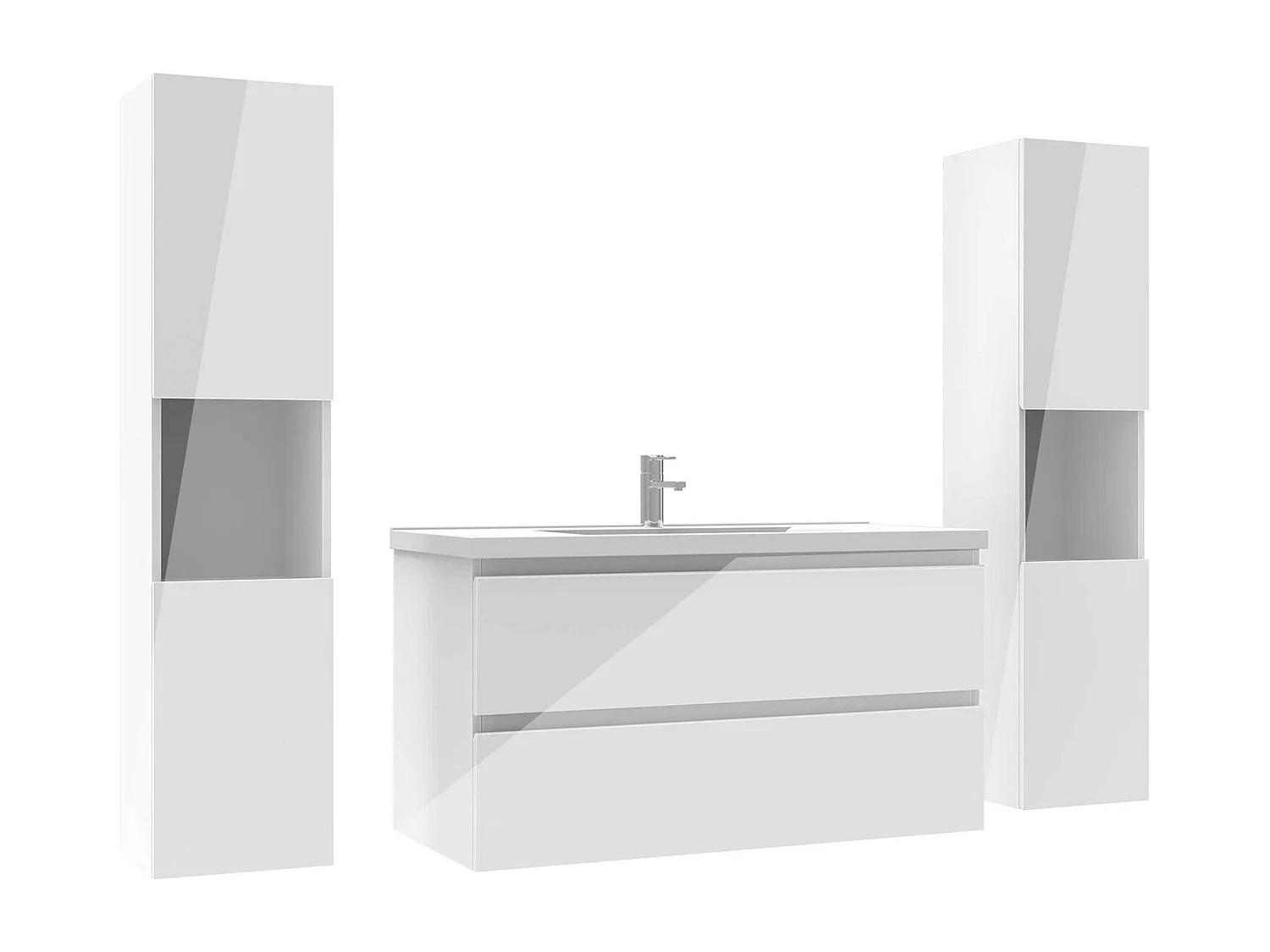 Ensemble meuble salle de bain 100 cm blanc brillant avec 2 tiroirs à fermeture automatique, lavabo céramique simple + colonne haute x2, suspendu