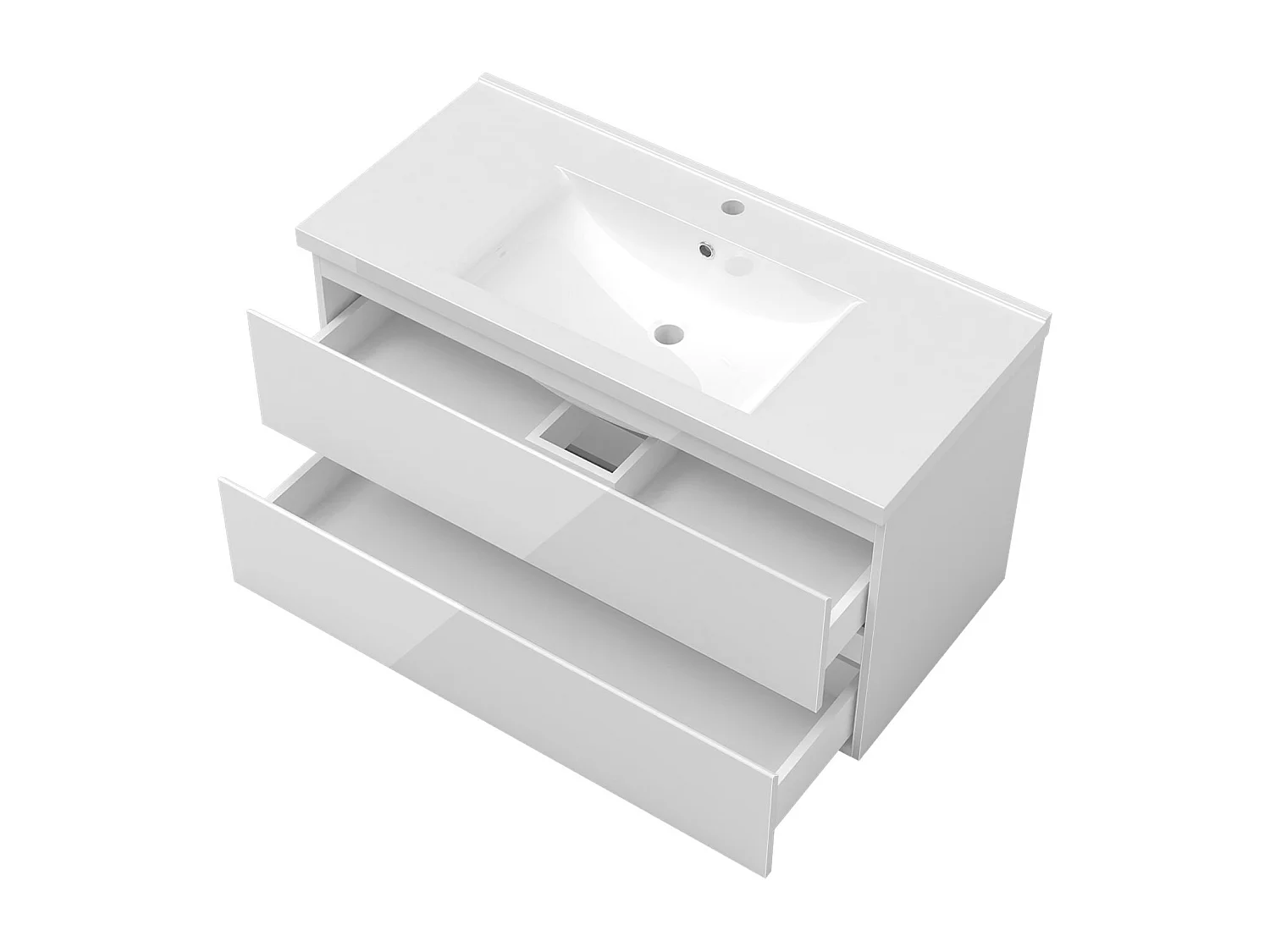 Ensemble meuble salle de bain 100 cm blanc brillant avec 2 tiroirs à fermeture automatique, lavabo céramique simple + colonne haute x2, suspendu