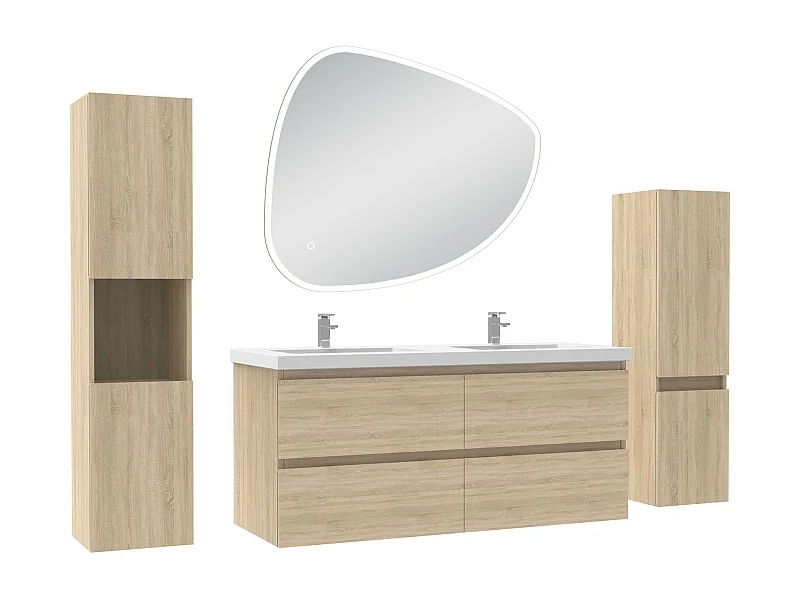 Ensemble meuble chêne et vasque L.120cm 4 tiroirs + colonne haute x 2 + miroir antibuée Asymétrique à led 100x80cm-suspendu