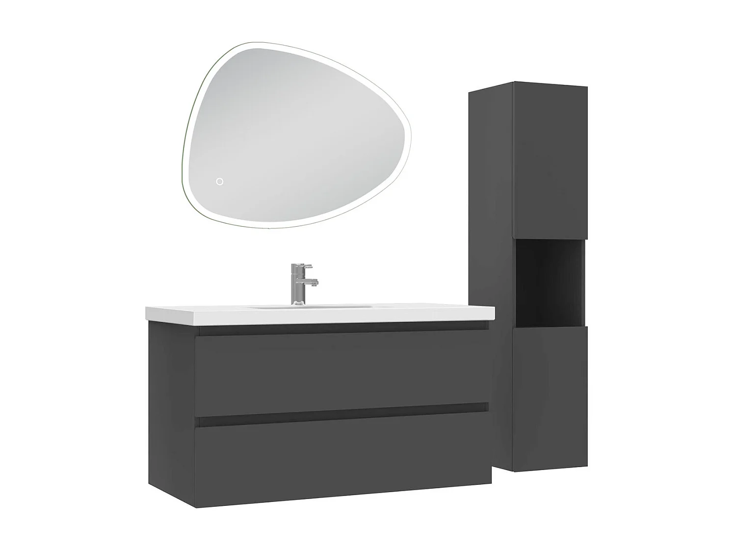 Ensemble meuble anthracite et vasque L.100cm 2 tiroirs + colonne haute + miroir antibuée Asymétrique à led 80x65cm-suspendu
