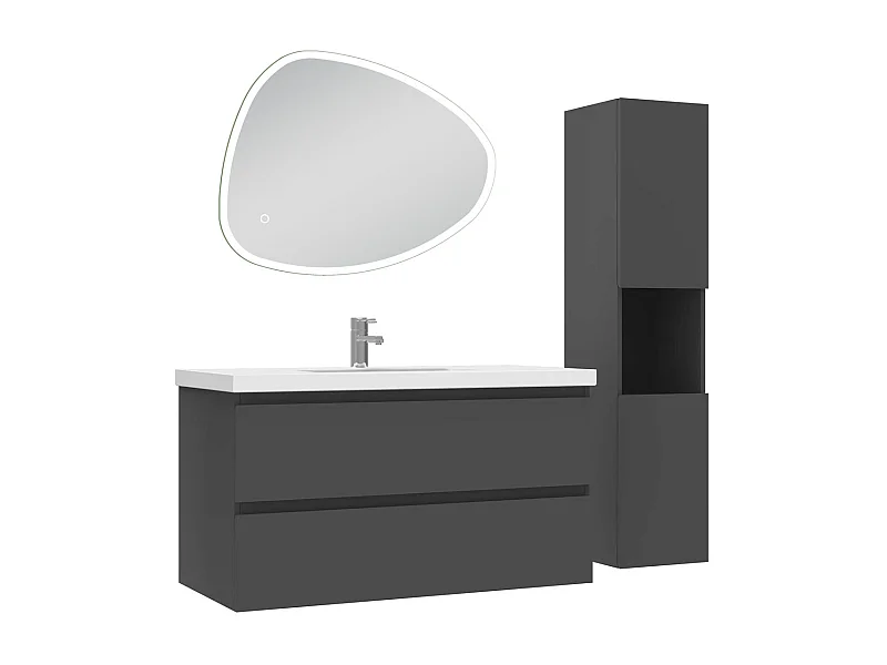 Ensemble meuble anthracite et lavabo L.100cm 2 tiroirs + colonne haute + miroir antibuée Asymétrique à LED 80x65cm-suspendu