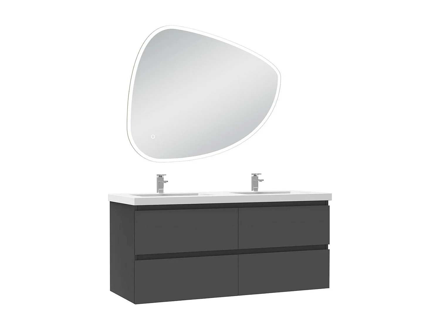 Meuble de salle de bain à 4 tiroirs L.120cm + lavabo + miroir antibuée Asymétrique à LED 100x80cm, anthracite suspendu