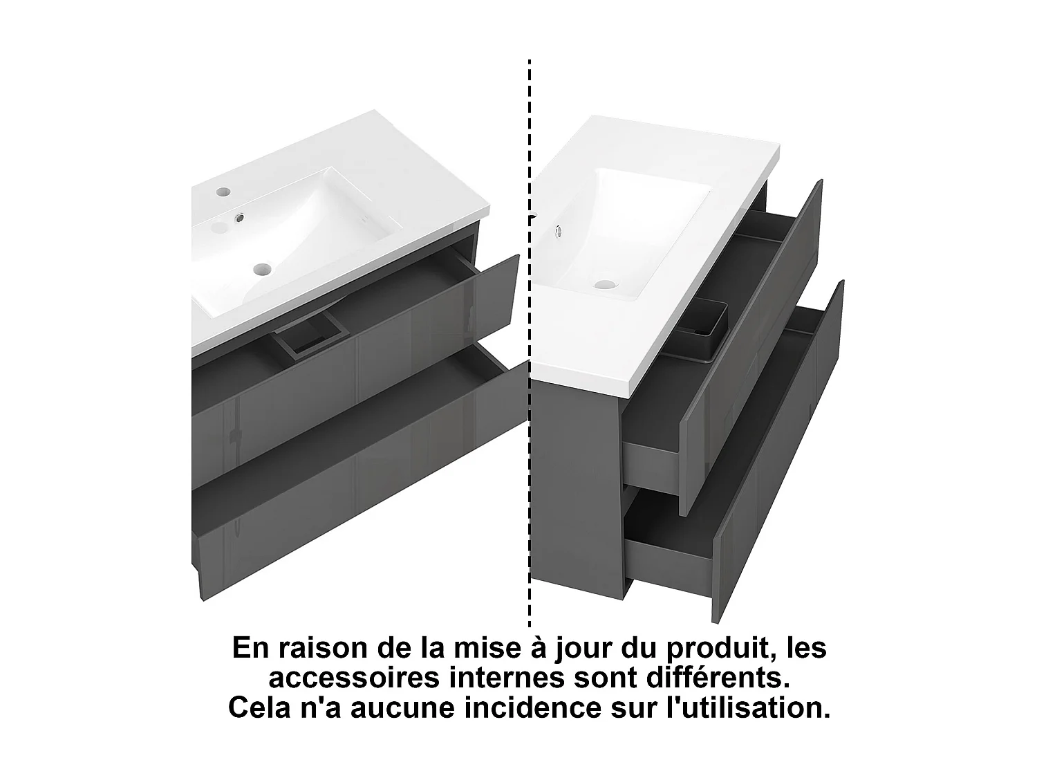 Meuble de Salle de Bain Brillant 100cm avec 2 tiroirs, Meuble sans vasque, Anthracite