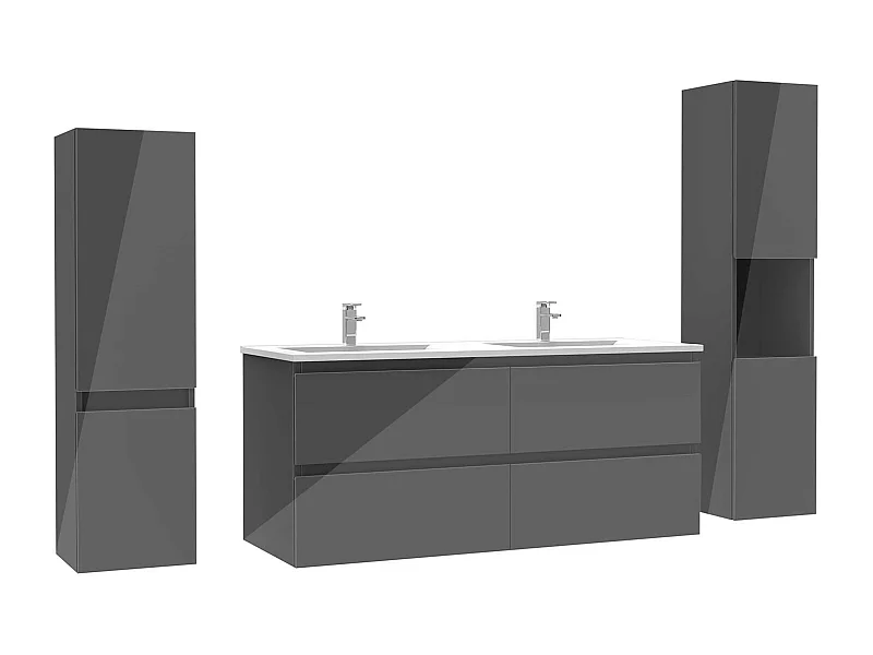 Ensemble meuble salle de bain 120 cm anthracite brillant avec 4 tiroirs à fermeture automatique, double lavabo céramique + deux colonnes, suspendu
