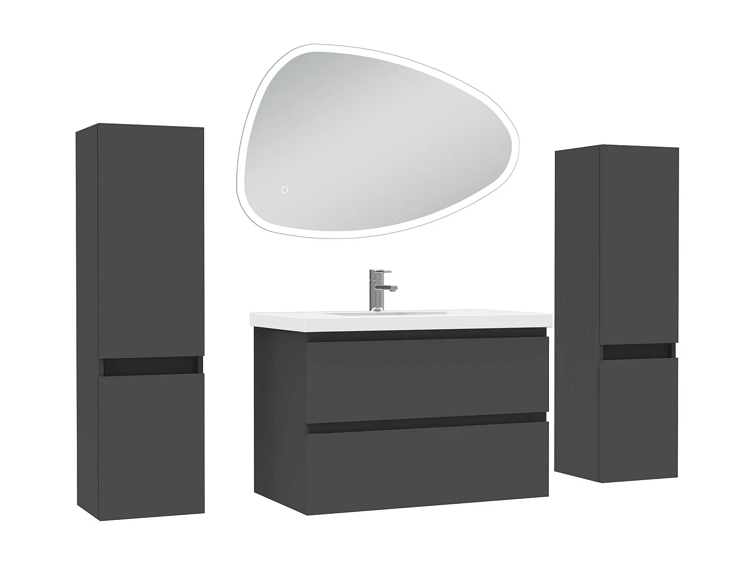 Ensemble meuble anthracite et vasque L.80cm 2 tiroirs + colonne x 2 + miroir antibuée Asymétrique à led 80x55cm-suspendu