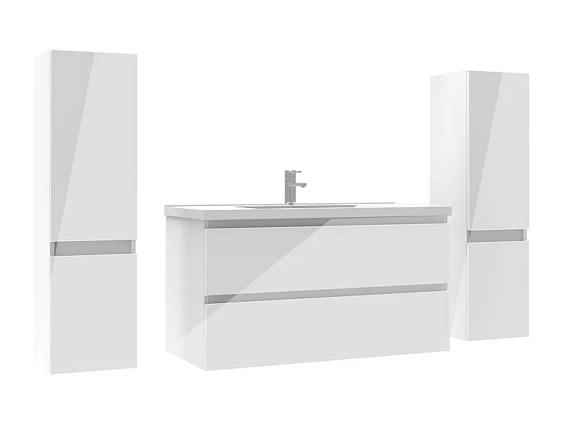 Ensemble meuble salle de bain 100 cm blanc brillant avec 2 tiroirs à fermeture automatique, lavabo céramique simple + 2 colonnes, suspendu