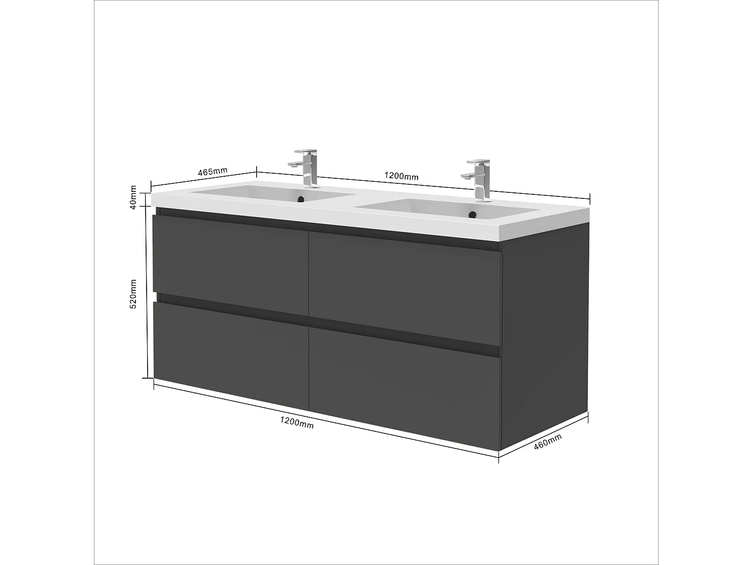 Ensemble meuble anthracite et vasque L.120cm 4 tiroirs + colonne haute + miroir antibuée Asymétrique à led 100x80cm-suspendu