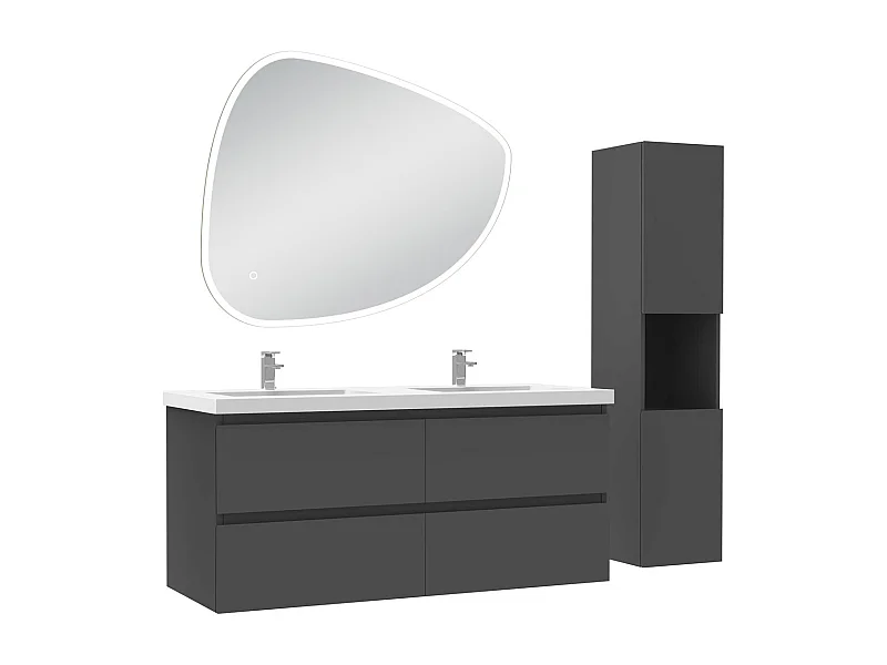 Ensemble meuble anthracite et vasque L.120cm 4 tiroirs + colonne haute + miroir antibuée Asymétrique à led 100x80cm-suspendu