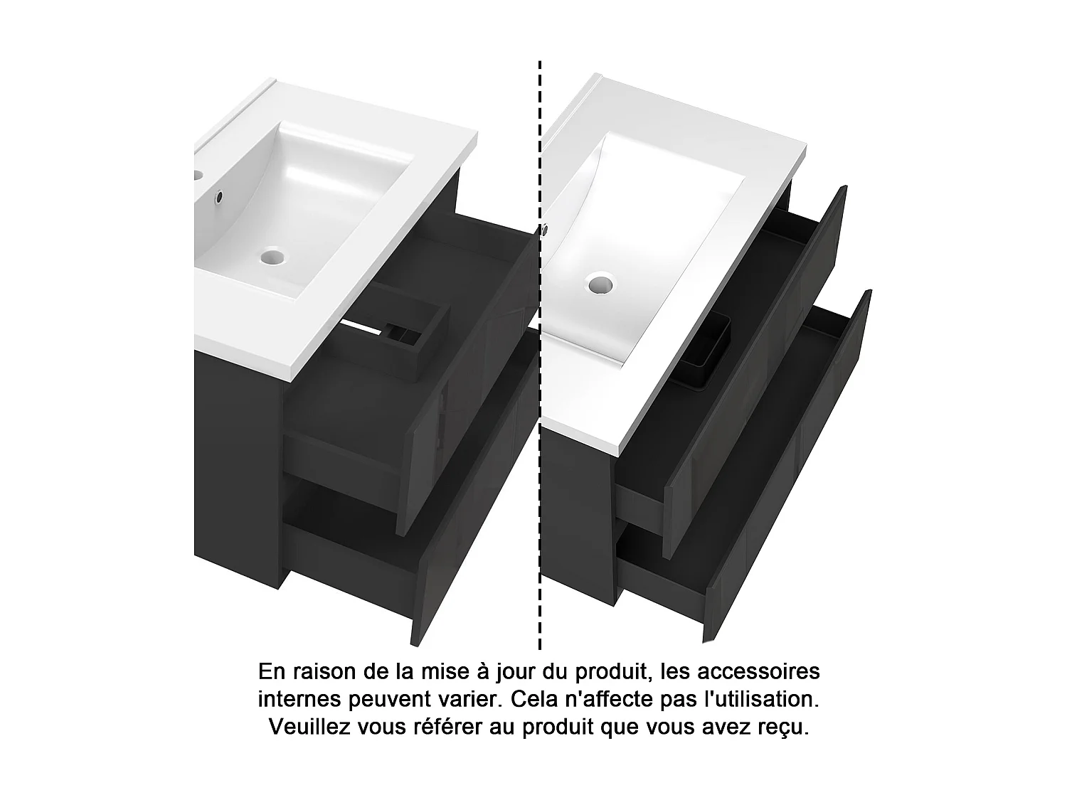 Meuble de Salle de Bain Brillant 80cm avec 2 tiroirs, Meuble sans vasque, Noir