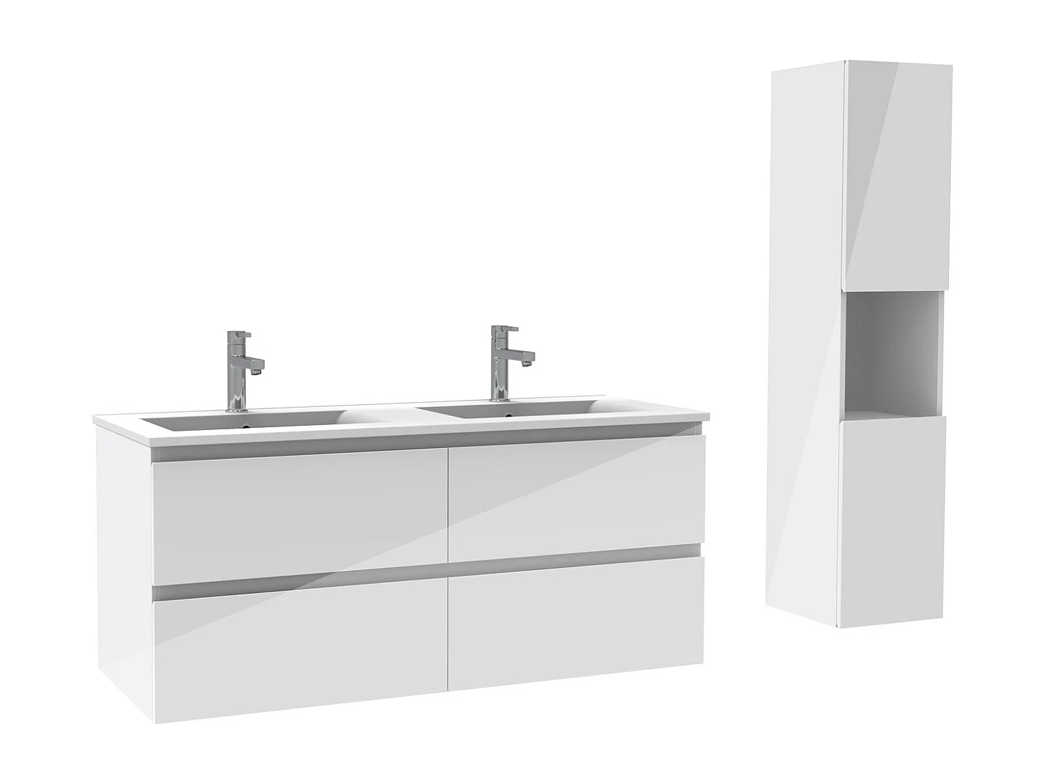Ensemble meuble salle de bain 120 cm blanc brillant avec 4 tiroirs à fermeture automatique, double lavabo céramique + colonne haute, suspendu