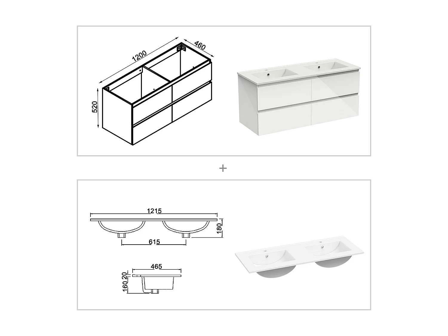 Ensemble meuble salle de bain 120 cm blanc brillant avec 4 tiroirs à fermeture automatique, double lavabo céramique + colonne haute, suspendu