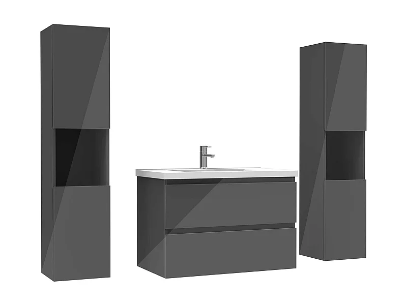 Ensemble meuble salle de bain 80 cm anthracite brillant avec 2 tiroirs à fermeture automatique, lavabo céramique simple + colonne haute x2, suspendu