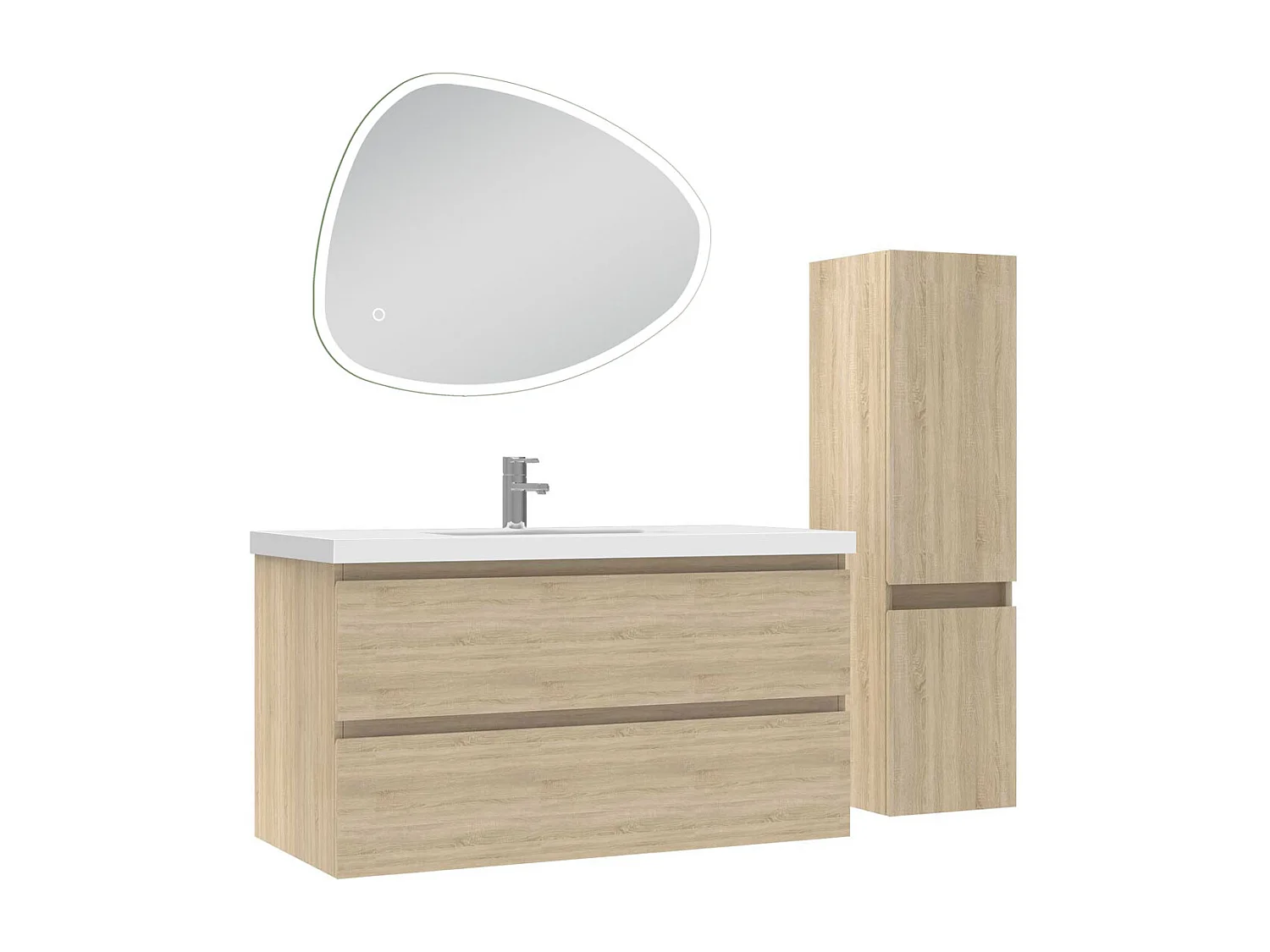 Ensemble meuble chêne et vasque L.100cm 2 tiroirs + colonne + miroir antibuée Asymétrique à led 80x65cm-suspendu