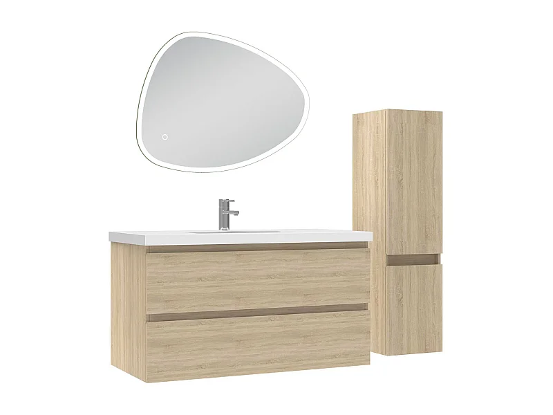Ensemble meuble chêne et vasque L.100cm 2 tiroirs + colonne + miroir antibuée Asymétrique à led 80x65cm-suspendu