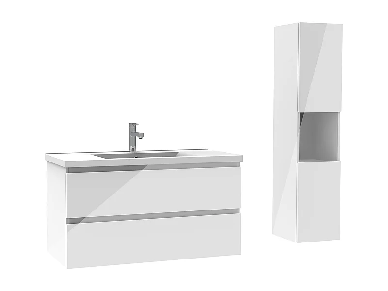Ensemble meuble salle de bain 100 cm blanc brillant avec 2 tiroirs à fermeture automatique, lavabo céramique simple + colonne haute, suspendu