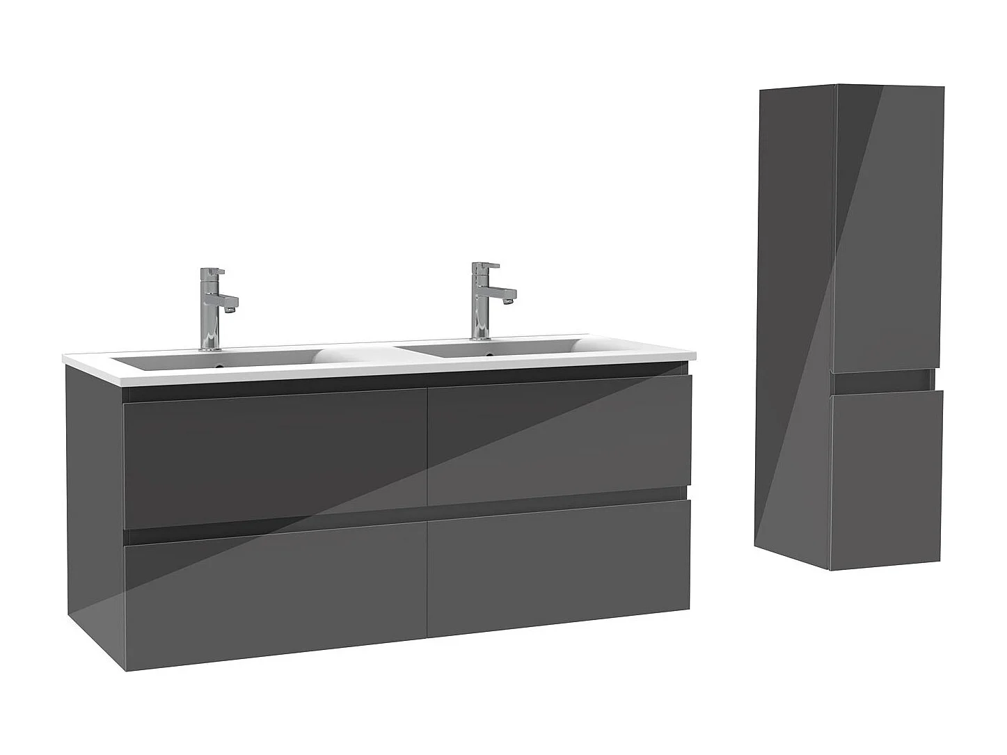 Ensemble meuble salle de bain 120 cm anthracite brillant avec 4 tiroirs à fermeture automatique, double lavabo céramique + colonne, suspendu