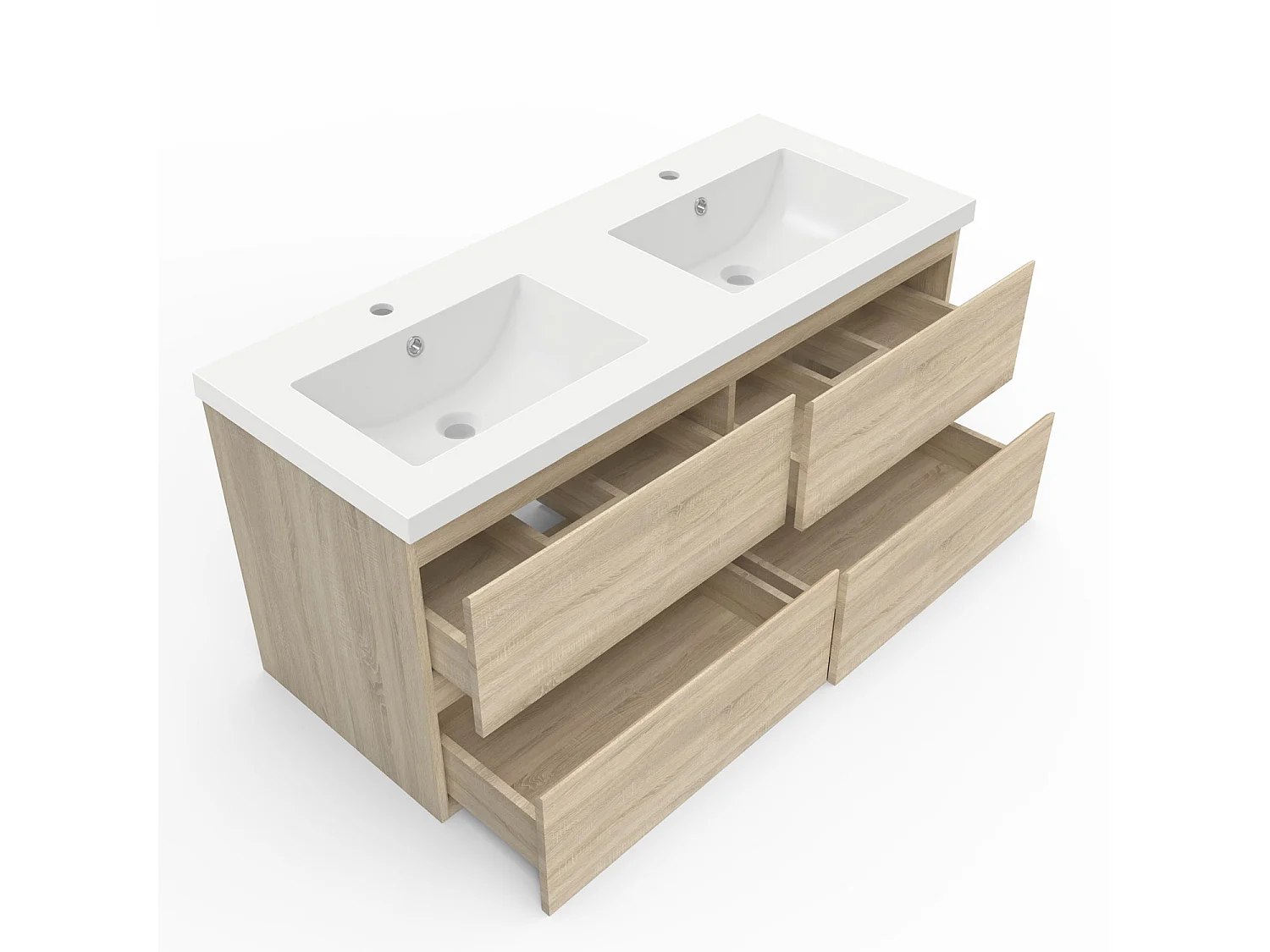 Ensemble meuble chêne et lavabo L.120cm 4 tiroirs + colonne + miroir antibuée Asymétrique à LED 100x80cm-suspendu