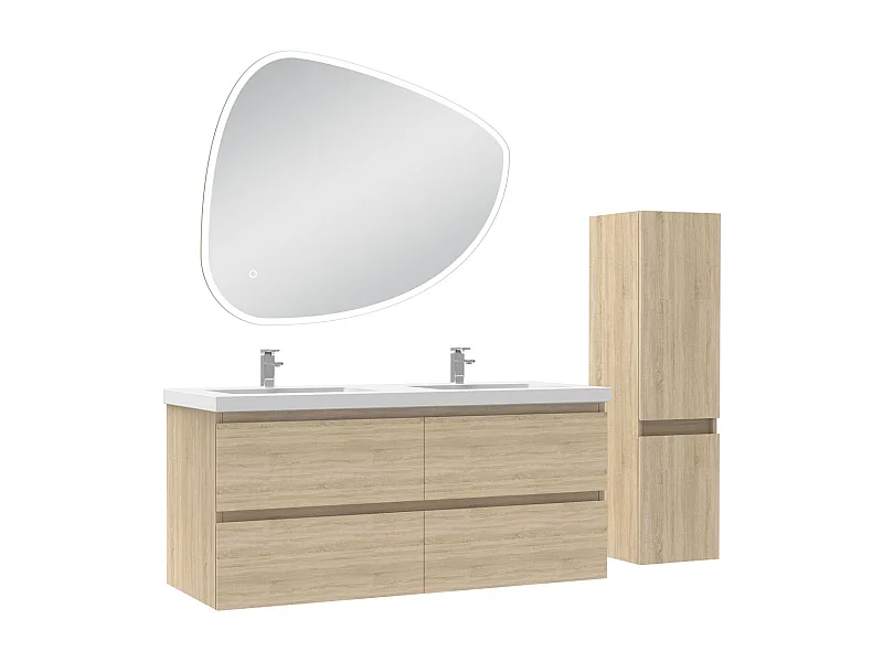 Ensemble meuble chêne et vasque L.120cm 4 tiroirs + colonne + miroir antibuée Asymétrique à led 100x80cm-suspendu