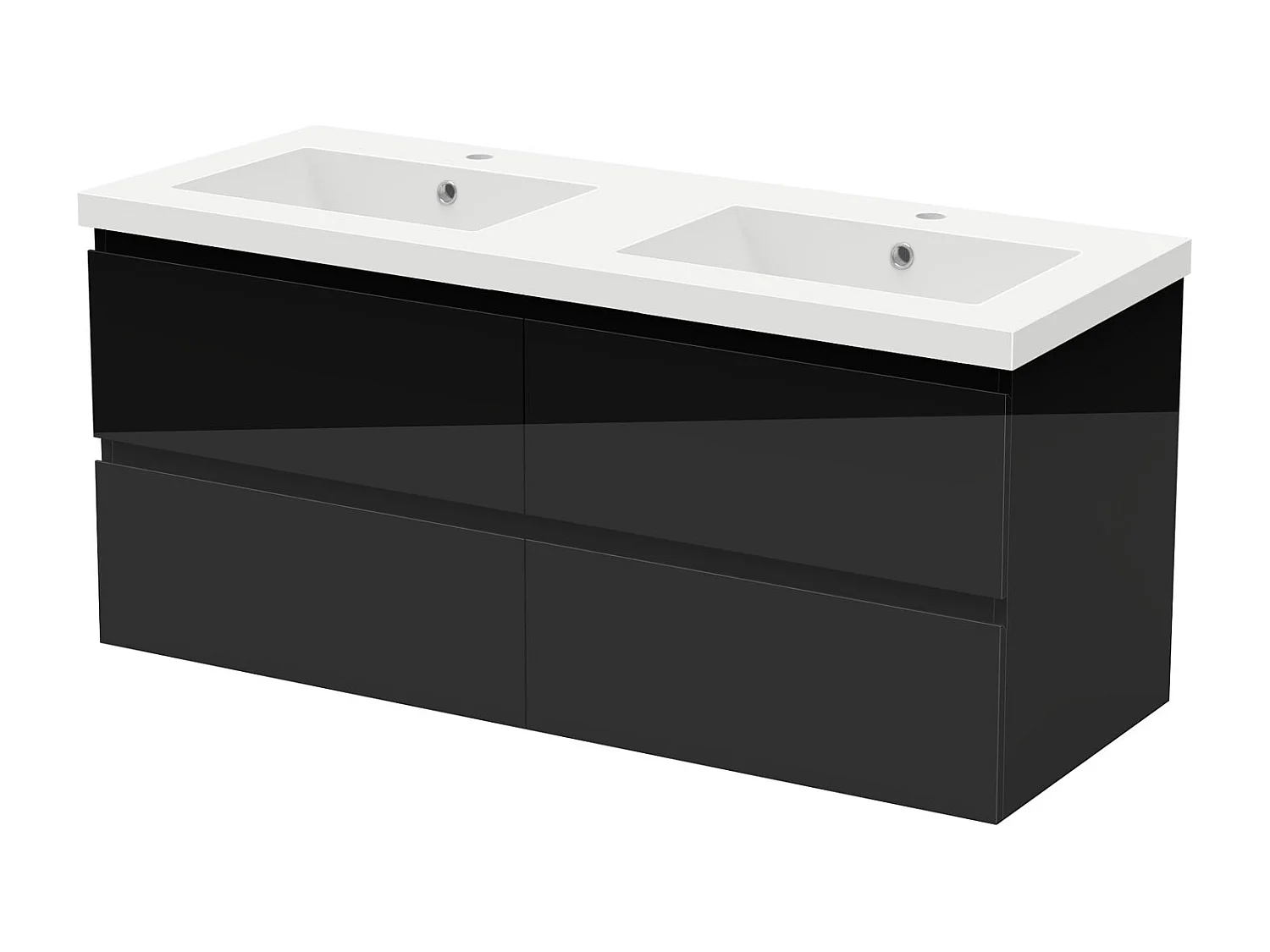 Meuble salle de bain 120cm noir brillant avec 4 tiroirs à fermeture automatique et double lavabo