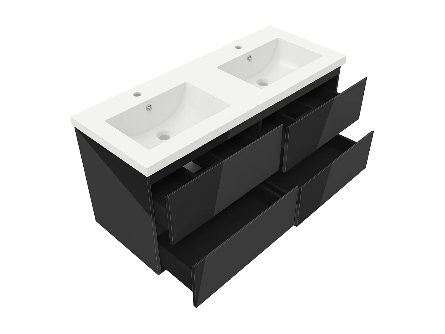 Meuble salle de bain 120cm noir brillant avec 4 tiroirs à fermeture automatique et double lavabo