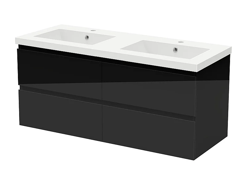 Meuble salle de bain 120cm noir brillant avec 4 tiroirs à fermeture automatique et double lavabo