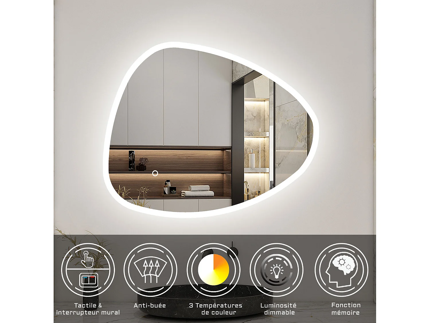 Ensemble meuble chêne et vasque L.100cm 2 tiroirs + colonne haute + colonne basse + miroir antibuée Asymétrique à led 80x65cm-suspendu