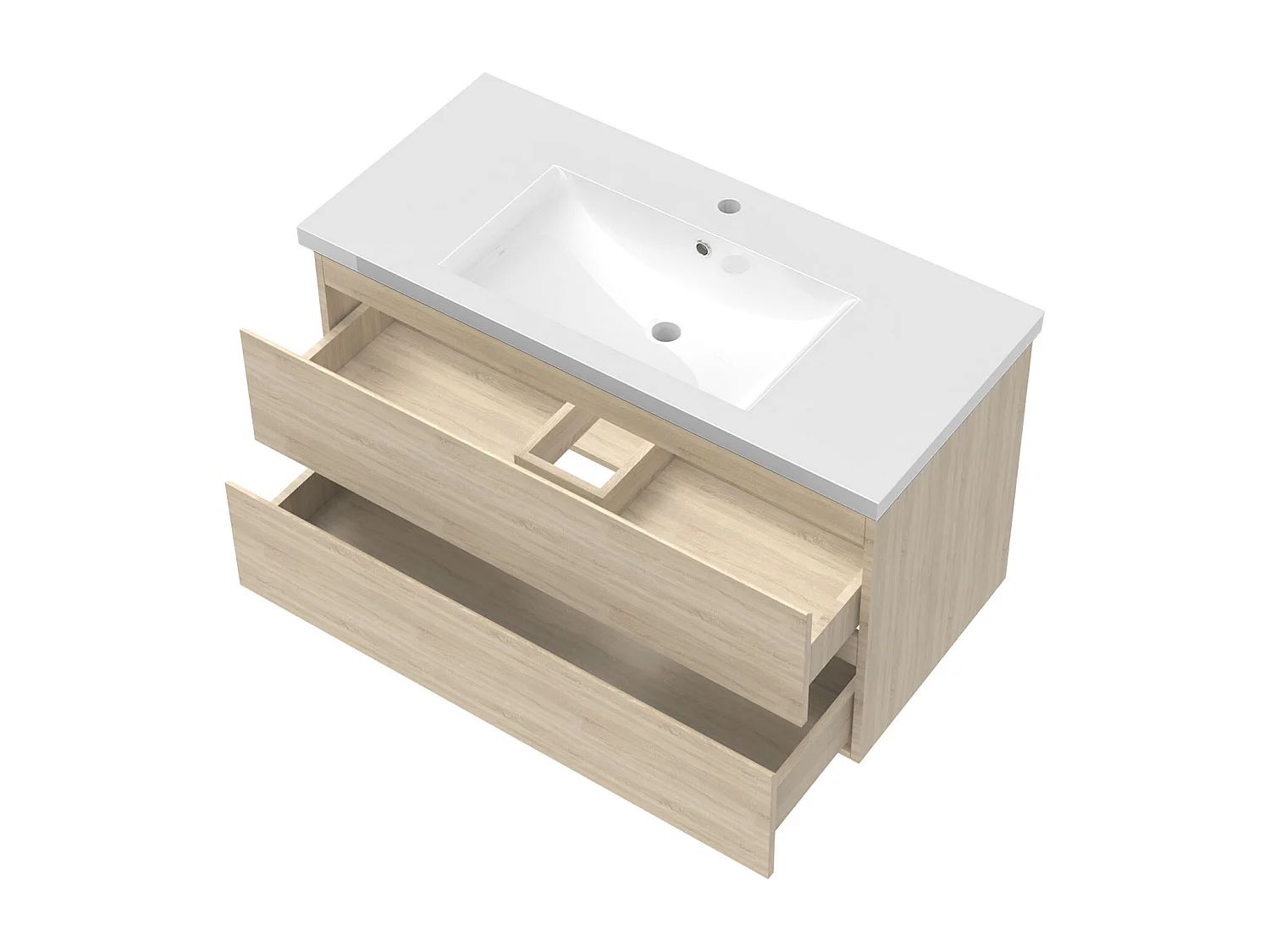 Ensemble meuble chêne et vasque L.100cm 2 tiroirs + colonne haute + colonne basse + miroir antibuée Asymétrique à led 80x65cm-suspendu