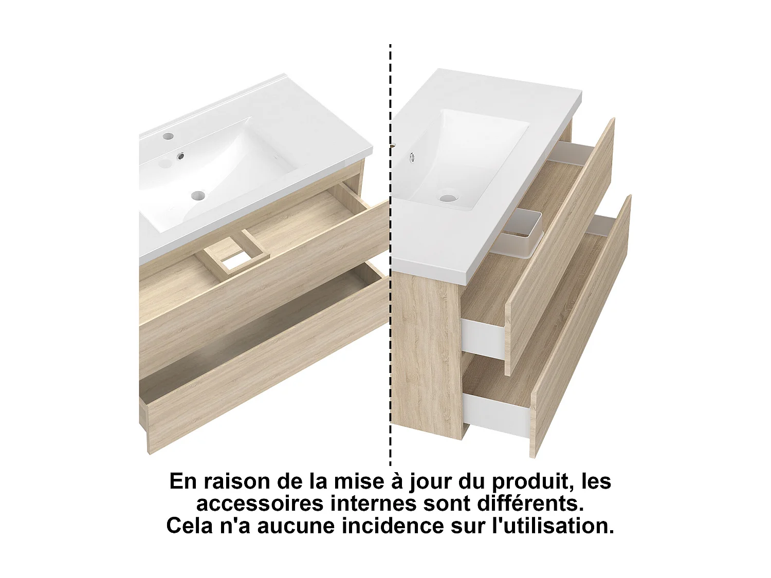 Ensemble meuble chêne et vasque L.100cm 2 tiroirs + colonne haute + colonne basse + miroir antibuée Asymétrique à led 80x65cm-suspendu
