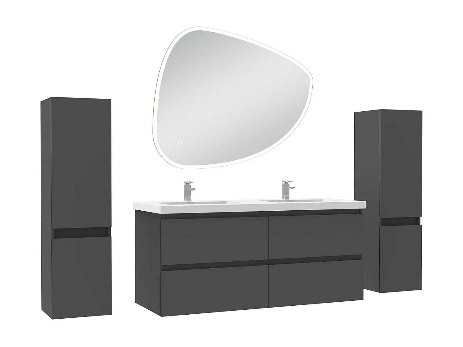 Ensemble meuble anthracite et lavabo L.120cm 4 tiroirs + colonne x 2 + miroir antibuée Asymétrique à LED 100x80cm-suspendu