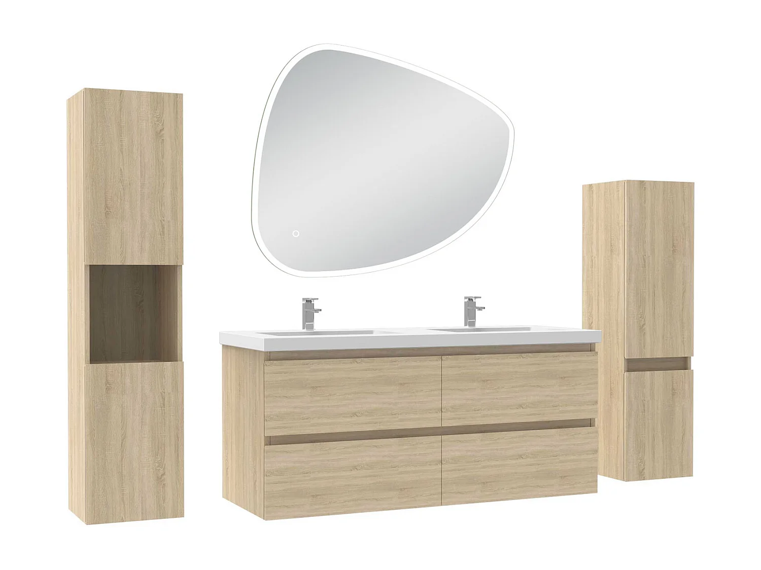 Ensemble meuble chêne et vasque L.120cm 4 tiroirs + colonne haute x 2 + miroir antibuée Asymétrique à led 100x80cm-suspendu