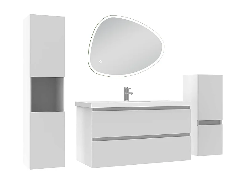 Ensemble meuble blanc et vasque L.100cm 2 tiroirs + colonne haute + colonne basse + miroir antibuée Asymétrique à led 80x65cm-suspendu