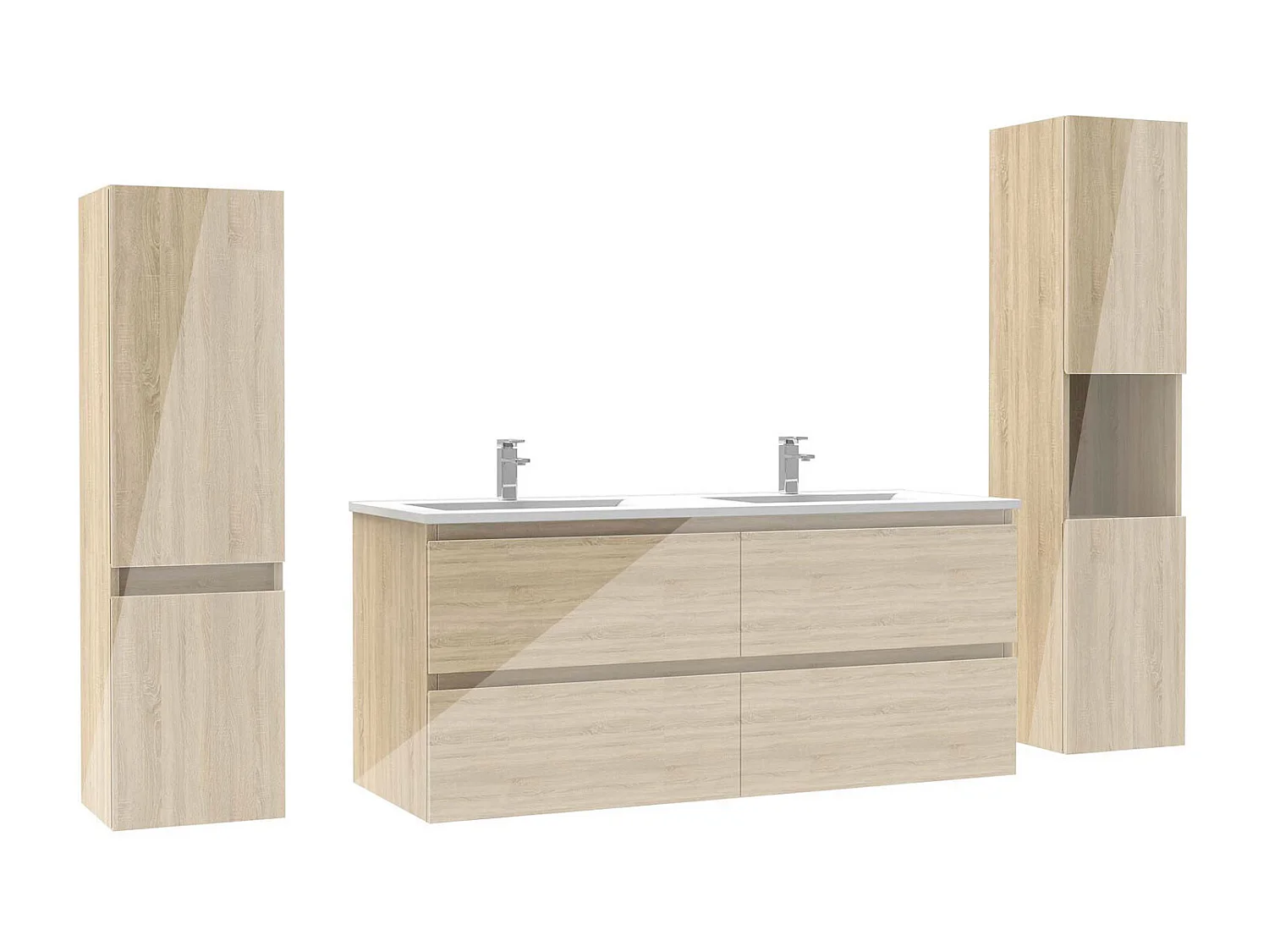 Ensemble meuble salle de bain 120 cm chêne brillant avec 4 tiroirs à fermeture automatique, double lavabo céramique + deux colonnes, suspendu