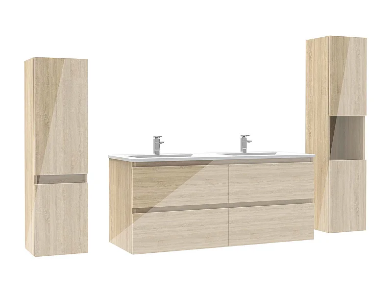 Ensemble meuble salle de bain 120 cm chêne brillant avec 4 tiroirs à fermeture automatique, double lavabo céramique + deux colonnes, suspendu