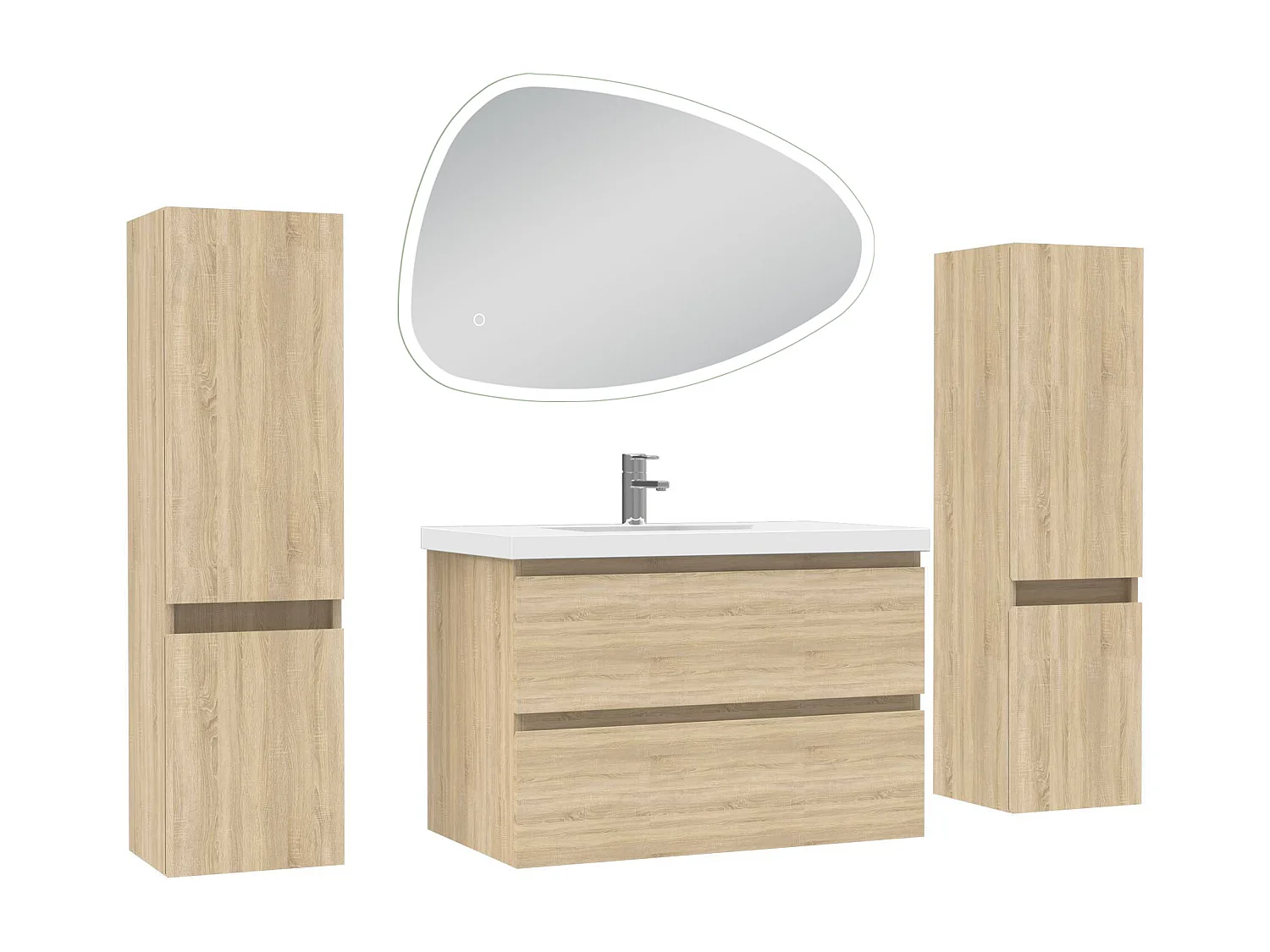 Ensemble meuble chêne et lavabo L.80cm 2 tiroirs + colonne x 2 + miroir antibuée Asymétrique à LED 80x55cm-suspendu