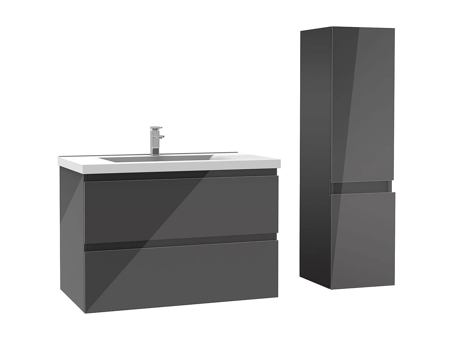 Ensemble meuble salle de bain 80 cm anthracite brillant avec 2 tiroirs à fermeture automatique, lavabo céramique simple + colonne, suspendu